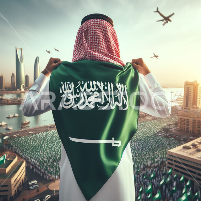 يوم التأسيس 22 فبراير، احتفالات ومناسبات وطنية، يوم العلم 11 مارس، ذكرى توحيد المملكة 8 ربيع الاول، صورة من لخلف الرجل عربي سعودي خليجي يرتدي الشماغ والثوب التقليدي يضع على كتفيه علم السعودية، الولاء للوطن بالاحتفال بالعيد الوطني السعودي