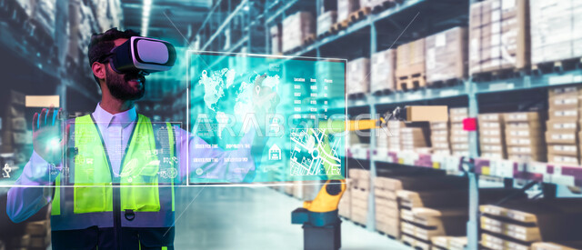 رؤية سعودية مستقبلية 2030، استخدام التكنولوجيا في المجالات الهندسية، العمل بالقطاع الهندسي عبر تقنية الواقع الافتراضي، صورة مقربة لمهندس عربي خليجي سعودي يرتدي سترة الحماية ونظارة الفي آر، التفاعل مع الشاشة الهولوجرامية ثلاثية الابعاد، خلفية مخزن