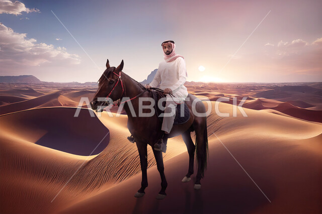 شغف الفروسية وممارسة هواية ركوب الخيل، رجل عربي خليجي سعودي يتجول في الصحراء السعودية على ظهر جواد عربي أصيل، توارث حب الخيول من الأجداد ونشره بين أبناء الوطن، امتطاء الحصان السعودي على الرمال الناعمة في المناطق الصحراوية