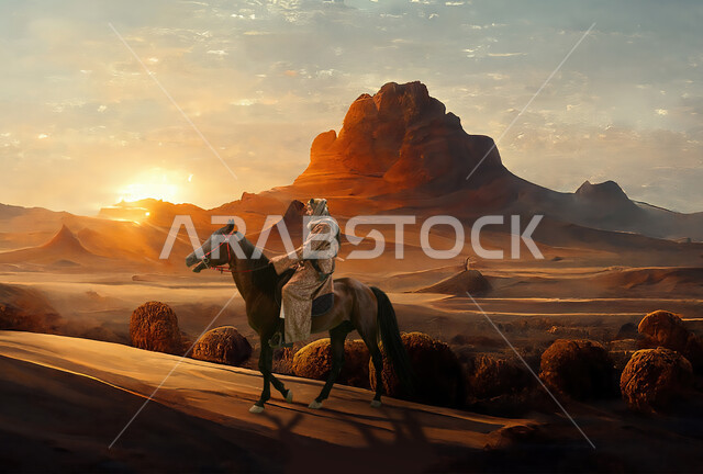 الاحتفال بذكرى تأسيس المملكة، مشاركة الجياد في المناسبات والأعياد الوطنية, صورة من الجانب لرجل عربي خليجي سعودي يرتدي العقال العريض والبشت التقليدي الشعبي يقوم بامتطاء فرسه البني في الصحراء, ارتداء أزياء أهل المنطقه الوسطى في يوم التأسيس 1727