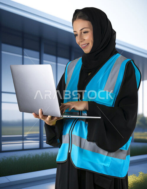 Using technology and modern techniques, following up and supervising work via a laptop, a Saudi Arabian Gulf engineer wearing a protective vest using a computer, Saudi women’s participation in the field of engineering, background of the company’s headquarters