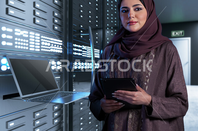 مفهوم  تكنولوجيا التخزين السحابي, إستثمار الخبرات السعودية في بناء مراكز بيانات متطورة، امرأة عربية خليجية سعودية تحمل بيدها جهاز التابلت، استخدام الحاسوب المحمول في الإشراف وإدارة معلومات الداتا سنتر, خلفية لغرفة التحكم بالسيرفرات وخوادم الانترنت