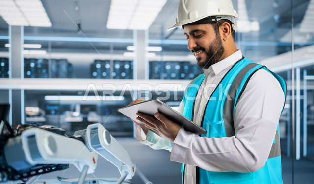 Following up on the progress of the production process in factories, development in production and manufacturing and achieving the industrial revolution, modern technical and technological transformation, a smiling Saudi Arabian Gulf engineer wearing a protective vest and helmet using a tablet, adopting automation and artificial intelligence in engineering