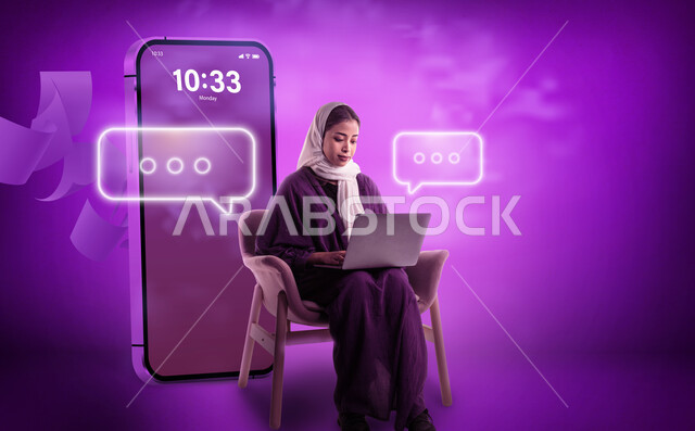 التواصل الاجتماعي باستخدام تقنيات حديثة متطورة،  إمرأة عربية خلجية سعودية محجبة ترتدي عباءة تجلس على كرسي تستخدام الحاسوب المحمول, ايقونات دردشة ومحادثات الكترونية، خلفية بنفسجية مع شاشة جوال كبير