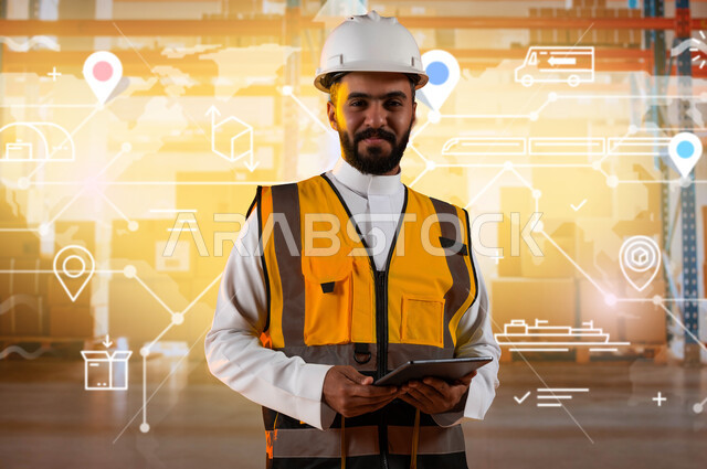 المتابعة والإشراف على العمل عبر جهاز التابلت, صورة مقربة لمهندس صناعي عربي خليجي سعودي مبتسم يرتدي الخوذة وسترة الحماية داخل المصنع، التطور والتقدم التكنولوجي في مجال الصناعة والهندسة، خلفية أيقونات المواقع بتقنية الهولوجرام