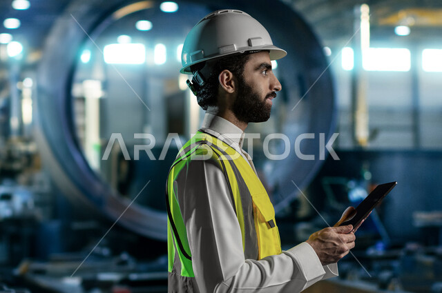 اعتماد التكنولوجيا والتقنيات الحديثة في الهندسة, صورة مقربة من الجانب لمهندس صناعي عربي سعودي خليجي يرتدي سترة وخوذة الحماية يتابع سير أعمال المصنع بإستخدام جهاز التابلت، مهن ووظائف سعودية، كفاءة الإنتاج و التصنيع وتحقيق الثورة الصناعية,  خلفية المعمل