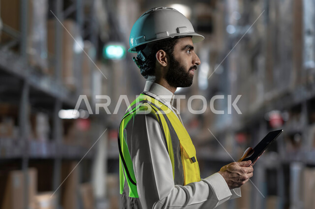 اعتماد التقنيات والتكنولوجيا الحديثة في الهندسة, صورة مقربة من الجانب لمهندس صناعي عربي سعودي خليجي يرتدي سترة وخوذة الحماية يتابع سير أعمال المصنع بإستخدام جهاز التابلت، مهن ووظائف سعودية، كفاءة الإنتاج و التصنيع وتحقيق الثورة الصناعية,  خلفية المعمل