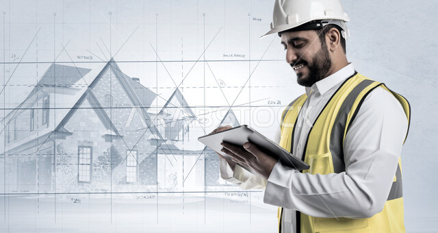 النمو والتطور العمراني في السعودية, دمج العمل مع التقنية والتكنولوجيا، الاطلاع على تصاميم هندسية جديدة عبر التابلت، صورة مقربة لمهندس معماري عربي خليجي سعودي مبتسم يرتدي الخوذة وسترة الحماية يستخدم التابليت، خلفية للرسومات والتصاميم المعمارية للمباني