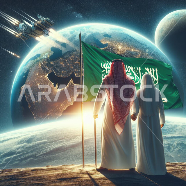 رفع راية التوحيد والإسلام، العيد الوطني السعودي، يوم التأسيس 22 فبراير، يوم العلم 11 مارس، ذكرى توحيد المملكة 8 ربيع الاول، الاعتزاز بإنجازات الوطن، رجل وامرأة عربيان خليجيان سعوديان يقفان في الفضاء الخارجي امام كو كب الارض