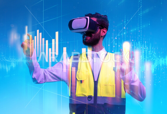 Standard statistical indicators and data, the use of technology in engineering fields, working in the engineering sector via virtual reality technology, a close-up portrait of a Saudi Gulf Arab engineer wearing a protection vest and VR glasses, interaction with three-dimensional holographic icons, a blue background