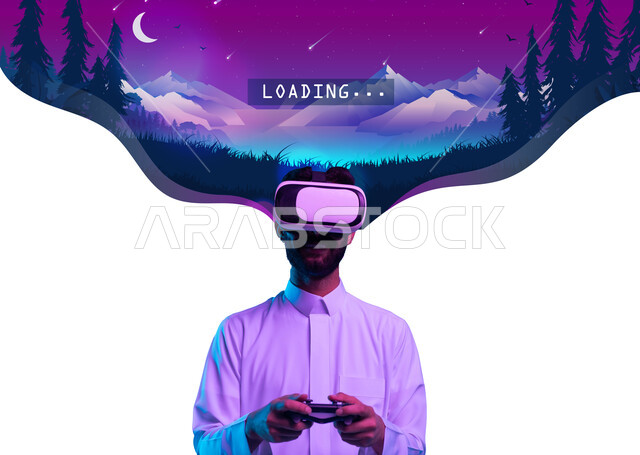 دمج العالم الخيالي مع التسلية، بورتريه مقرب لشاب عربي خليجي سعودي يرتدي الثوب التقليدي ونظارة واقع الافتراضي يمسك بيده عصا التحكم يقوم باللعب في ألعاب الكترونية متطورة، قضاء اوقات فراغ ممتعة، أجهزة تكنولوجية وتقنيات حديثة، خلفية بداية اللعبة من خلال نظارة الفي آر