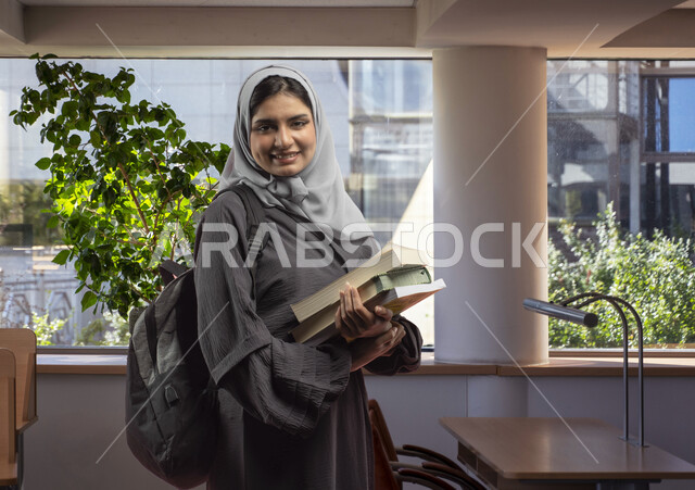 The role of schools and universities in developing human values and morals among students, a smiling Saudi Arabian Gulf university student wearing an abaya, holding books and a study bag in her hand, the importance of education in building a bright future for Saudi society, looking at the camera with gestures of pleasure.