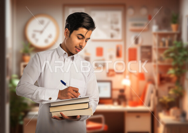 Gestures of integration and focus in writing, development of curricula and educational materials in Saudi Arabia, interest in education to develop Saudi society, a Saudi Gulf Arab secondary student wearing traditional clothing and writing on a notebook, classroom background