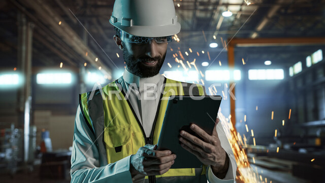 التطور في الإنتاج والتصنيع وتحقيق الثورة الصناعية، صورة مقربة لمهندس صناعي عربي خليجي سعودي يرتدي الخوذة و سترة الوقاية الخاصة بالعمل يضع نظارات ثلاثية الأبعاد، متابعة سير العملية الانتاجية باستخدام اللابتوب، خلفية شرارة لحام الحديد مبعثرة