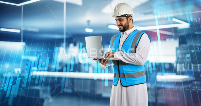 Modern technical and technological transformation, adoption of automation and artificial intelligence in engineering, development in production and manufacturing and achieving the industrial revolution, a smiling Saudi Arabian Gulf engineer wearing a protective jacket and helmet using a laptop, a background of graphic lines