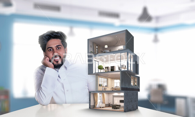 مجسم بتقنية ثلاثية الأبعاد لمنزل بتصميم هندسي عصري ومودرن، رجل عربي خليجي سعودي مبتسم يرتدي الثوب التقليدي يجلس أمام الطاولة وينظر إلى الكاميرا، فلل وشقق سكنية حديثة عصرية وفاخرة، إسكان وتمليك في السعودية