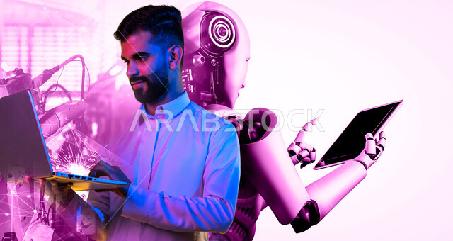تحقيق الثورة الصناعية، صورة مقربة لروبوت بشري آلي حديث ومتطور بتقنيات عالية يعمل على جهاز التابلت, الابتكار والعلوم وتكنولوجيا الذكاء الاصطناعي، رجل عربي سعودي يرتدي الزي التقليدي يقوم باستخدام اللابتوب، رؤية مستقبلية سعودية ٢٠٣٠ .