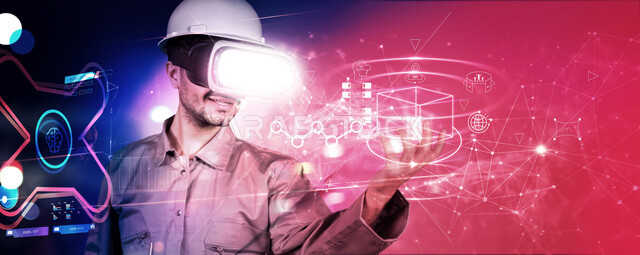 استخدام خاصية الهولوجرام ثلاثية الأبعاد، التفاعل مع الأيقونات الهولوجرامية، بورتريه مقرب لمهندس عربي خليجي سعودي يرتدي الخوذة ونظارة الواقع الافتراضي، رؤية مستقبلية 2030، تطور المجال الهندسي عبر نظارة الفي آر، استخدام التكنولوجيا في المجالات الهندسية، خلفية ملونة