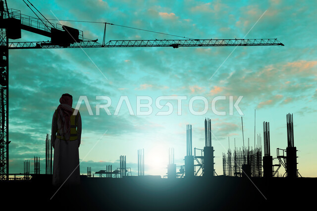 رؤية مستقبلية سعودية 2030، صورة من الخلف لمهندس عربي خليجي سعودي يرتدي سترة الحماية يقف في أرض المشروع الهندسي، مفهوم الهندسة والانشاءات، الاشراف على تطبيق الخطط والمشاريع الهندسيه المعمارية في المملكة