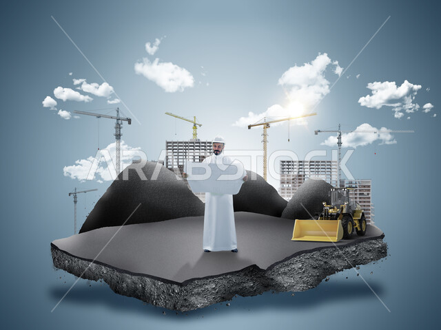 مجسم ثلاثي الأبعاد لمهندس عربي خليجي سعودي يرتدي خوذة الحماية يقف في أرض المشروع الهندسي يحمل بيده مخطط البناء، مفهوم الهندسة والانشاءات، الاشراف على تطبيق الخطط والمشاريع الهندسيه المعمارية في السعودية