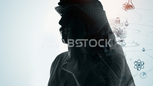 تطور التكنولوجيا الرقمية، صورة ظلية مقربة من الجانب لرجل اعمال عربي خليجي سعودي يقوم باجراء مكالمة هاتفية، الذكاء الاصطناعي وتكنولوجيا المستقبل، خلفية أيقونات هولوجرامية ثلاثية الابعاد