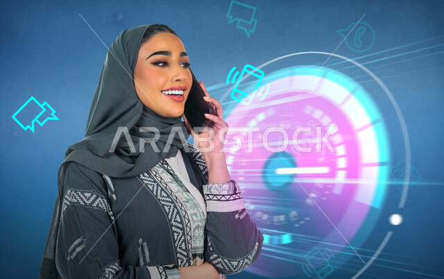 تطبيقات التواصل الاجتماعي والسوشال ميديا, صورة مقربة لامرأة عربية خليجية سعودية محجبة مبتسمة ترتدي العباءة تقوم بإجراء مكالمة باستخدام الهاتف المحمول, خلفية مجموعة من أيقونات البرامج الهاتفية الهولوجرامية الزرقاء
