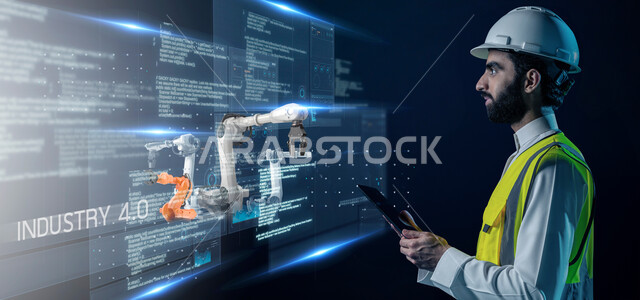 التحول التقني والتكنولوجي الحديث, اعتماد التشغيل الآلي والذكاء الصنعي في الهندسة, التطور في الإنتاج والتصنيع وتحقيق الثورة الصناعية, مهندس عربي سعودي خليجي مبتسم يرتدي سترة الحماية والخوذة يقوم باستخدام التابلت، خلفية أيقونات هولوجرامية
