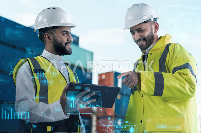 إعطاء التعليمات من قبل المدير المشرف, مهندسان عربيان سعوديان خليجيان مبتسمان يرتديان سترة الحماية والخوذة يقومان بالإشراف على عملية الشحن عبر جهاز التابليت، العمل في القطاع الهندسي السعودي, خلفية ميناء شحن البضائع والحاويات التجارية مع ايقونات بتقنية الهولوجرام