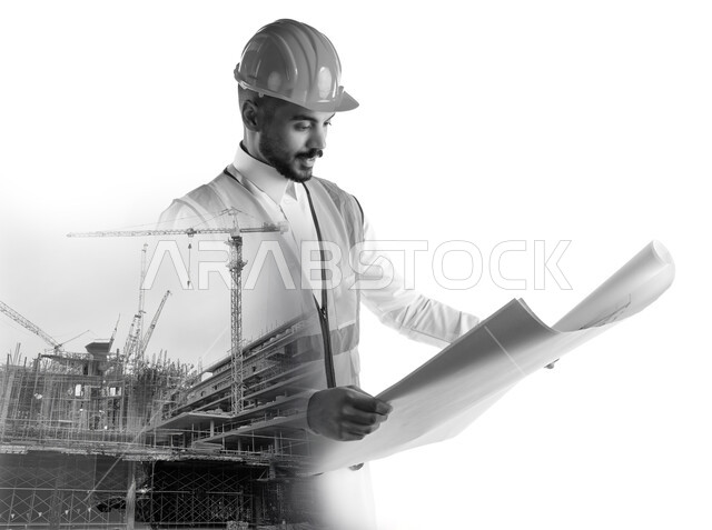 مفهوم الهندسة والانشاءات، العمل في القطاع الهندسي، الاشراف على تطبيق الخطط والمشاريع الهندسيه المعمارية، صورة بالأبيض والأسود لمهندس عربي خليجي سعودي يرتدي الخوذة وسترة الحماية يمسك مخطط البناء في مقر عمله، خلفية مبنى قيد الانشاء