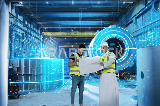 تطور التقنيات بالمجال الهندسي السعودي, التشاور والنقاش ومشاركة الأفكار مع المدير المشرف, مهندسان عربيان سعوديان خليجيان يرتديان سترة الحماية يمسكان مخطط المشروع، إدارة الأعمال والإشراف على سير الخطة الهندسية, خلفية موقع العمل مع ايقونات ورموز بتقنية الهولوجرام