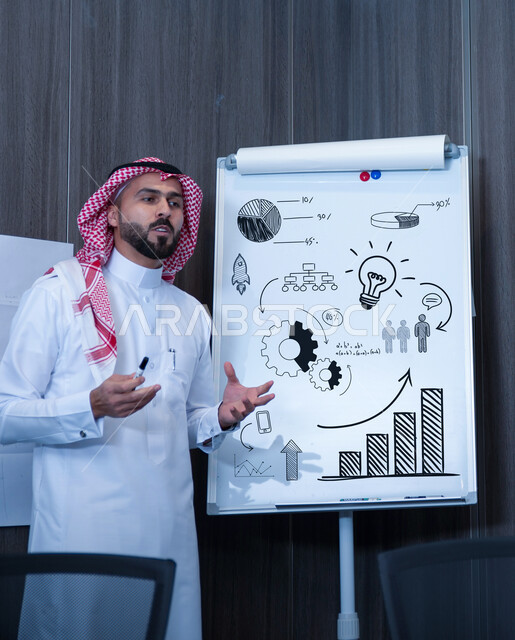 وضع خطط واستراتيجيات لتحقيق أهداف الشركة, رسومات توضيحية للمهام والافكار, القيام بالدورات التدريبية والتعليمية في الشركات السعودية, رجل عربي خليجي سعودي يرتدي الثوب التقليدي والشماغ يقوم بمناقشة عمل ما, تبادل الخبرات والحوار حول تطبيق الأساليب الحديثة والمتطورة