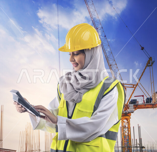استخدام الآلة الحاسبة لإجراء العمليات الحسابية, صورة مقربة لمهندسة معمارية عربية خليجية سعودية محجبة ترتدي خوذة وسترة الحماية الخاصة بالعمل, الإشراف والتدقيق على المشاريع والخطط الهندسية, مهن ووظائف نسائية, بيئة العمل السعودية