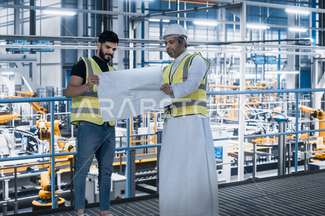 الكفاءة في التصنيع والإنتاج وتحقيق الثورة الصناعيه, الاعتماد على التشغيل الآلي, مهندسان عربيان خليجيان سعوديان يرتديان سترة الحماية يمسكان مخطط المشروع في مقر العمل, مفهوم الهندسية والآلات, العمل في القطاع الهندسي السعودي
