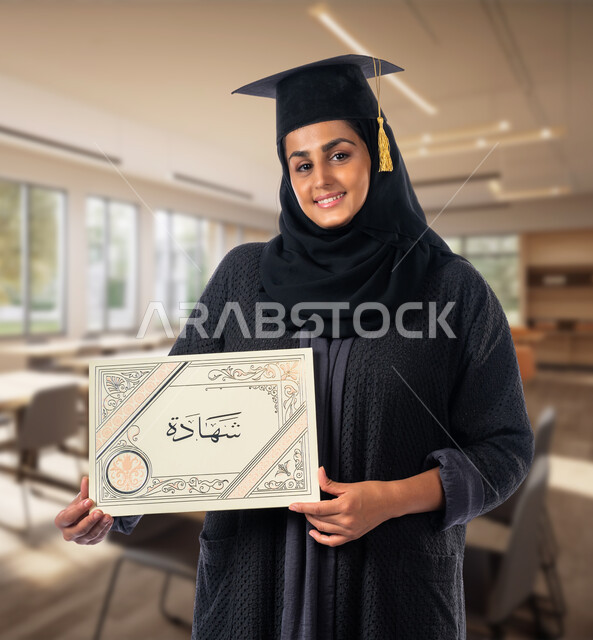 University education in the Kingdom, a close-up picture of a smiling, veiled Saudi Arabian Gulf graduate wearing a graduation cap, holding in her hand a certificate of excellence and success, standing confidently and looking at the camera with gestures of pleasure, the concept of university study, joy in achieving the dream of success