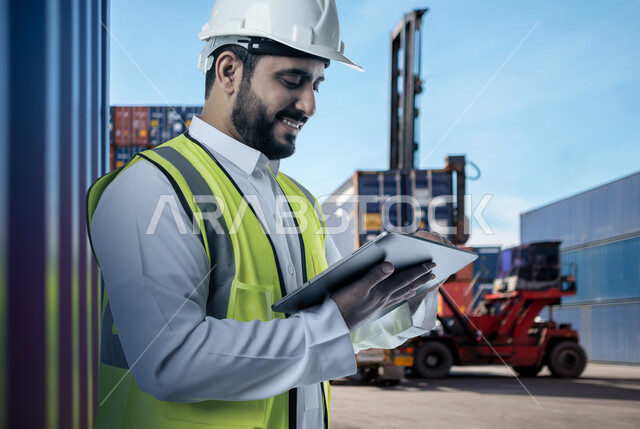 الإشراف على خطة الانتاج ومتابعة شؤون العمل الهندسي, صورة مقربة من الجانب لمهندس عربي خليجي سعودي مبتسم يرتدي السترة وخوذة الحماية يمسك بيده جهاز التابليت, استخدام الأجهزة والتقنيات الحديثة في الأعمال الهندسية