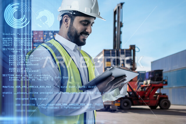 استخدام الأجهزة والتقنيات الحديثة في الأعمال الهندسية, صورة مقربة من الجانب لمهندس عربي خليجي سعودي مبتسم يرتدي السترة وخوذة الحماية يمسك بيده جهاز التابليت, رموز وأيقونات بتقنية الهولوجرام, الإشراف على خطة الانتاج ومتابعة شؤون العمل الهندسي