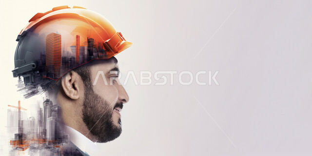 مفهوم الهندسة والانشاءات، العمل في القطاع الهندسي، الاشراف على تطبيق الخطط والمشاريع الهندسيه المعمارية، بورتريه مقرب لمهندس عربي خليجي سعودي مبتسم يرتدي الخوذة وسترة الحماية ينظر إلى شيء ما، خلفية بيضاء