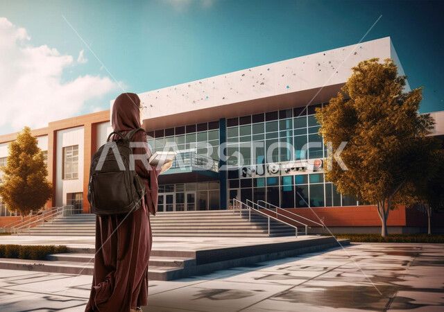 الاستعداد للعام الدراسي الجديد، مفهوم الاجتهاد والمثابرة، جودة التعليم في المدارس والجامعات السعودية، صورة من الخلف لطالبة جامعية خليجية عربية سعودية محجبة ترتدي العباءة تحمل بيدها الكتب والحقيبة الدراسية تنظر إلى مبنى جامعتها
