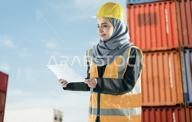 مشاركة النساء السعوديات في مجال الصناعة والهندسة، مهن ووظائف نسائية، العمل في القطاع الهندسي، صورة من الجانب لمهندسة صناعية عربية خليجية سعودية ترتدي الخوذة وسترة الحماية تقوم بقراءة المخططات والملاحظات للمتابعة والإشراف على العمل داخل المصنع