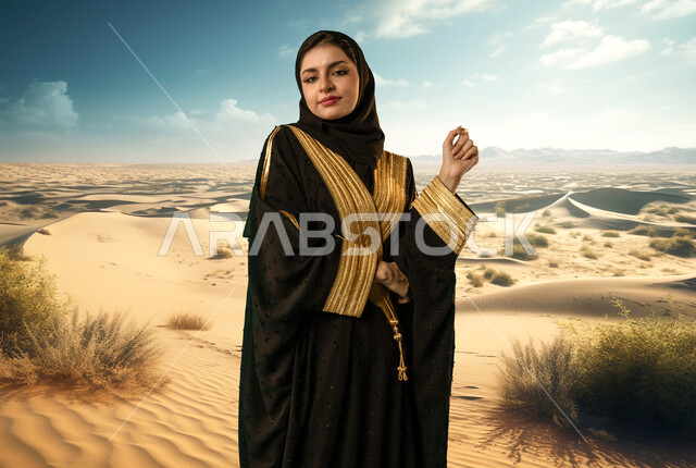 التنزه والتجول في الهواء الطلق، الوقوف بثقة والنظر إلى الكاميرا، سيدة عربية خليجية ترتدي عباءة عصرية تقف بأيدي متقاطعة وسط الكثبان الرملية، أزياء محجبات نسائية بتصاميم مميزة، مفهوم الموضة والاناقة، المناطق الصحراوية في المملكة