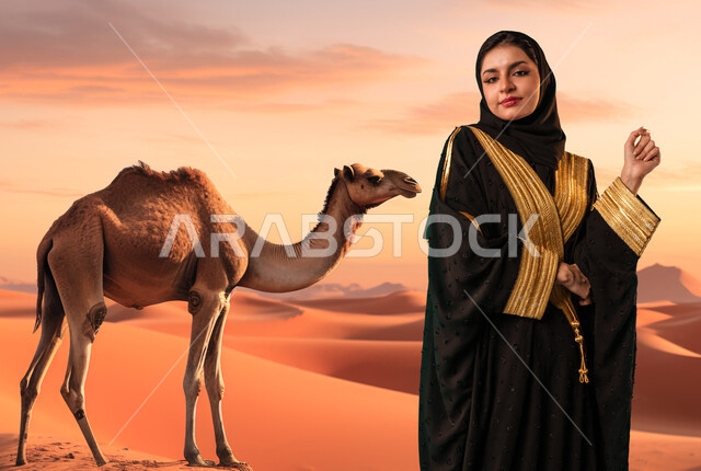 التنزه والتجول في الهواء الطلق، الوقوف بثقة والنظر إلى الكاميرا، سيدة عربية خليجية ترتدي عباءة عصرية تقف بأيدي متقاطعة وسط الكثبان الرملية، أزياء محجبات نسائية بتصاميم مميزة، مفهوم الموضة والاناقة، تربية الجمال في المناطق الصحراوية في المملكة