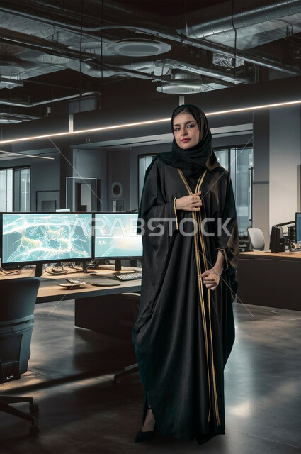 دمج العمل مع التقنية والتكنولوجيا, امرأة عربية خليجية سعودية محجبة ترتدي عباءة عصرية سوداء تقف في المكتب ضمن مقر الشركة, مهن ووظائف نسائية مكتبية