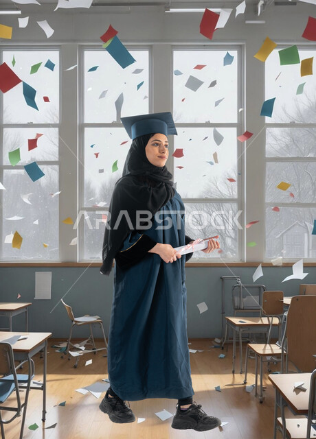 المناسبات والاحتفالات الجامعية, تعابير وايماءات الفرح بتحقيق النجاح, طالبة عربية سعودية خليجية مبتسمة ترتدي ثوب التخرج والقبعة تحمل بيدها الشهادة, مفهوم التعليم في المملكة العربية السعودية, انهاء المراحل الدراسية، خلفية الفصل الدراسي