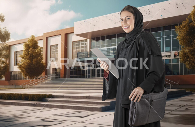 مفهوم الاجتهاد والمثابرة، جودة التعليم في المدارس والجامعات السعودية، طالبة جامعية خليجية عربية سعودية مبتسمة ترتدي العباءة السوداء تحمل بيدها الكتب والحقيبة الدراسية تنظر إلى الكاميرا بإيماءات السرور، الاستعداد للعام الدراسي الجديد، خلفية البناء الجامعي
