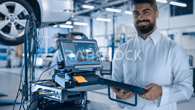 أجهزة فحص سائل تبريد حرارة المحرك, التشييك وتصليح السيارات في ورشة الصيانه، مهندس ميكانيكي محترف ينظر إلى الكاميرا بإيماءات الثقة يقوم باكتشاف وتصليح  عطل السياره عبر جهاز التابليت اللوحي، استخدام التقنيات الحديثه والمتطورة في العمل