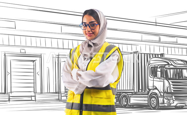 Black and white hand-drawn background of a warehouse and a cargo truck, a close-up picture of a smiling Saudi Arabian Gulf industrial engineer wearing a hijab, jacket and glasses, standing with crossed hands, gestures and expressions of pleasure and self-confidence, work in the engineering sector, female job professions