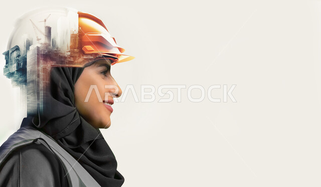 مشاركة النساء السعوديات في مجال الصناعة والهندسة، بورتريه مقرب من الجانب لمهندسة عربية خليجية سعودية مبتسمة ترتدي الحجاب وخوذة الحماية تنظر الى شيء ما، مهن ووظائف نسائية سعودية، العمل في القطاع الهندسي، خلفية بيضاء