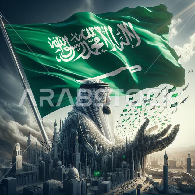 رفع راية التوحيد والإسلام، العيد الوطني السعودي، يوم التأسيس 22 فبراير، يوم العلم 11 مارس، ذكرى توحيد المملكة 8 ربيع الاول، الاعتزاز بإنجازات الوطن، مجسم ثلاثي الابعاد لرجل عربي سعودي خليجي في وسط المباني والمساجد, خلفية علم المملكه العربية السعودية