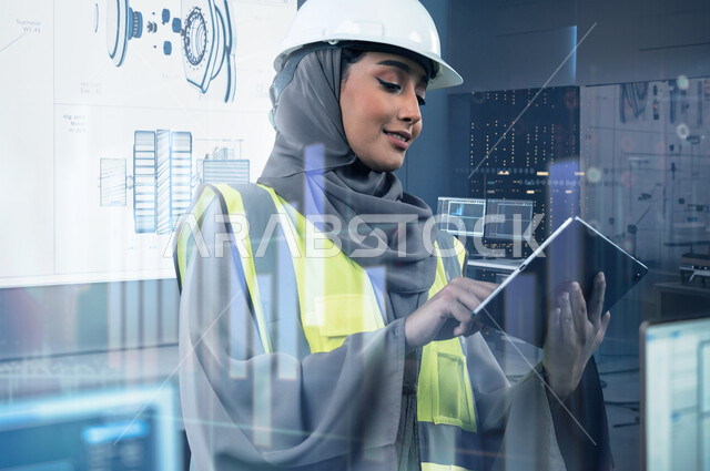 المتابعة والإشراف على العمل عبر جهاز التابلت, صورة من الجانب لمهندسة صناعية عربية خليجية سعودية ترتدي الخوذة وسترة الحماية داخل المصنع، مشاركة النساء السعوديات في مجال الصناعة والهندسة، خلفية معمل متطور