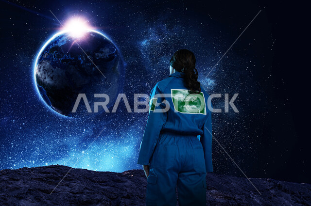 Wearing the Saudi space suit, the Saudi flag logo on the blue space suit, Saudi Arabia’s journey into outer space, a picture from the back of a Saudi Arabian Gulf astronaut in the outside world, a three-dimensional holographic background of planet Earth